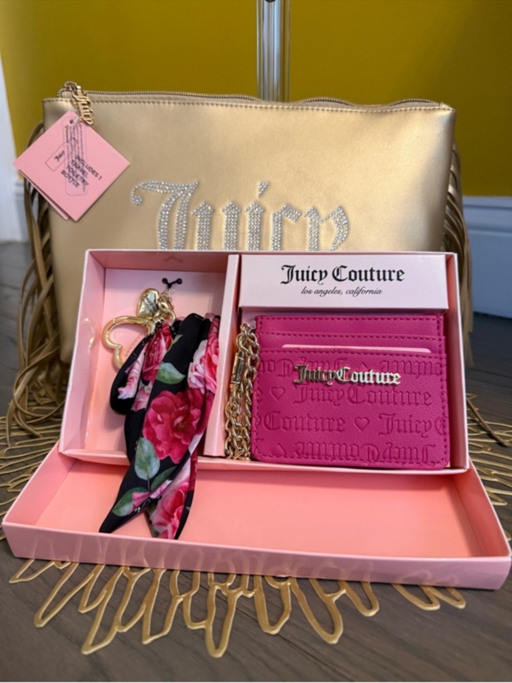 Juicy Couture Bundle Pink Card Case Floral Scarf Keychain Gold Cosmetics Pouch